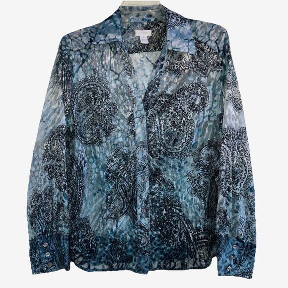 CHICO'S sz M sz 1 Blue Burn Out Crush Velvet Tab Sleeve Button Tunic Blouse - Picture 3 of 6